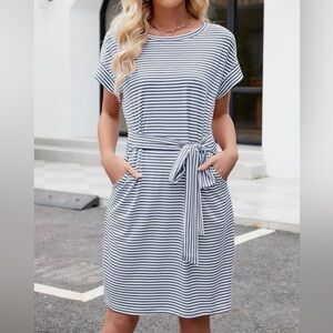Striped Tie-Waist Casual Dress in Navy and White